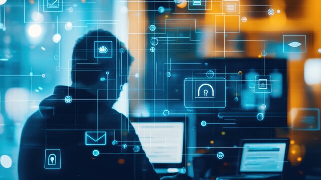 Cybersecurity expert working late  protecting data with advanced technology.