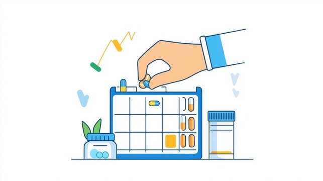 Daily medication planner hand placing pills in organizer
