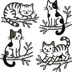 Adorable hand-drawn vector illustration of four cartoon cats sitting and relaxing on tree branches. Each cat has a unique pose and expression, surrounded by simple foliage. 