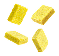 Golden bouillon cubes on white background, set