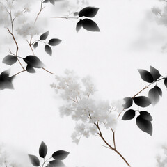 Elegant black and white floral pattern with delicate branches and leaves. Minimalist botanical design for wallpaper, textile, or greeting card. Asian-inspired ink painting style.
