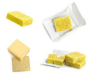 Golden bouillon cubes on white background, collage