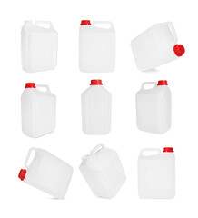 Plastic canister on white background, collage. View from different sides