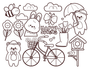 coloring sticker cartoon spring sticker set with bunny, bear and spring stuff. cute coloring page for spring season, doodle set