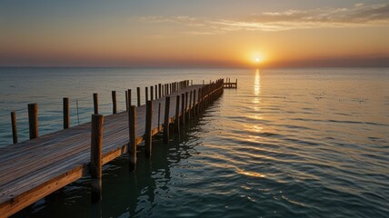 Wooden pier extends into ocean, reflecting the warm hues of a stunning sunset over the horizon