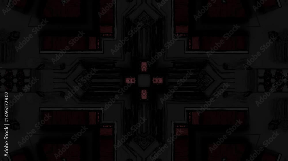Poster abstract symmetrical design featuring dark tones with intricate shapes and patterns
