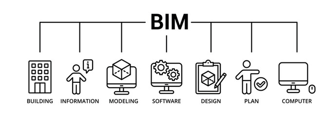 BIM banner icon building, information, modeling, software, design, plan, computer