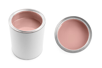 Pastel coral paint in can isolated on white. Top and side view