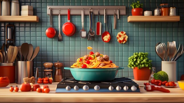 A digitally rendered kitchen scene with delicious spaghetti and meatballs.
