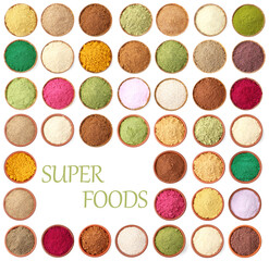 Super foods. Different powders in bowls on white background, collage. Top view
