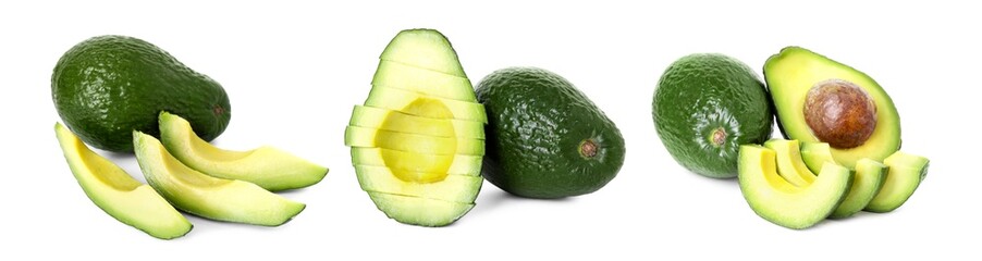 Fresh avocado fruits isolated on white, set