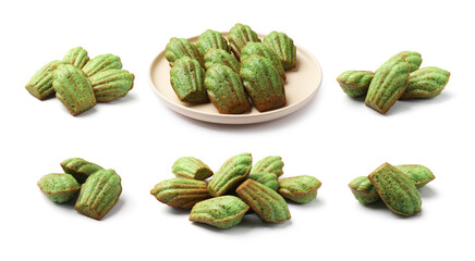 Tasty matcha madeleine cakes on white background, collage
