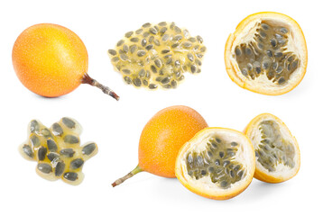 Ripe passion fruits on white background, collage
