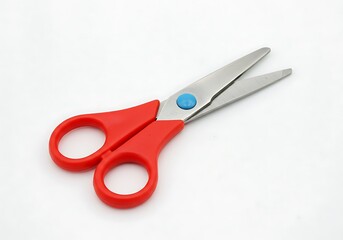 Red handled scissors with blue pivot point on a white background