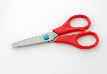 Red handled scissors with blue pivot on white background, studio shot