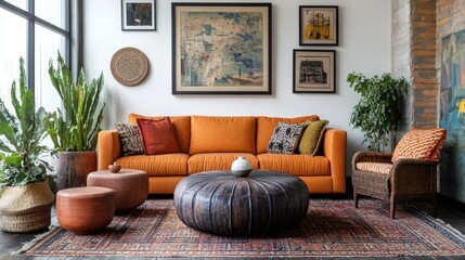 Modern living room with orange sofa and ethnic decor
