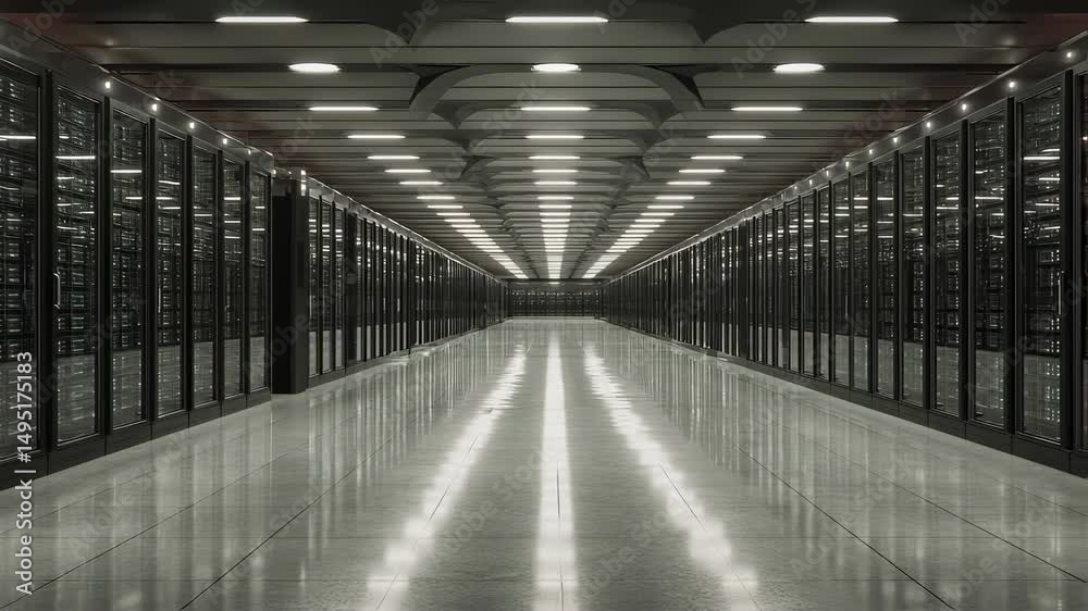 Poster gleaming network server room showcasing rows of advanced data processing equipment, bright illuminat