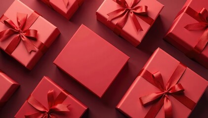 Elegant red ribbon tied gift boxes, gold accents, background, vintage, illustration