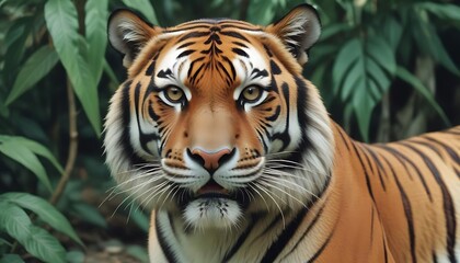 Fototapeta premium Majestic Tiger Portrait in Lush Jungle Environment, Intense Gaze