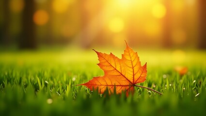 a vibrant, autumnal maple leaf, sitting atop a lush, verdant field of grass, framed by a warm, golden light, creating a serene and inviting landscape