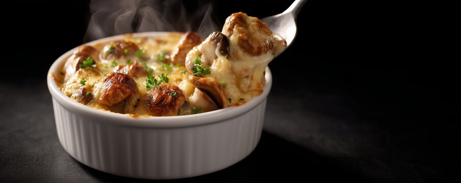 Delicious baked escargot in creamy garlic sauce in white dish steam