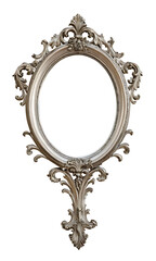An ornate, antique-style silver frame with an oval opening, isolated on a clean white background. This image is perfect for adding a touch of elegance to invitations, mock-ups, or vintage-themed desig