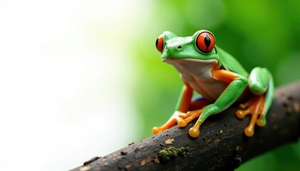 Naklejka premium Green tree frog perched on white, vibrant detail, leap, isolated, background
