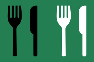 Black and white fork and knife icons on green background. Flat vector illustration suitable for restaurant, menu, food apps, or kitchen related design.