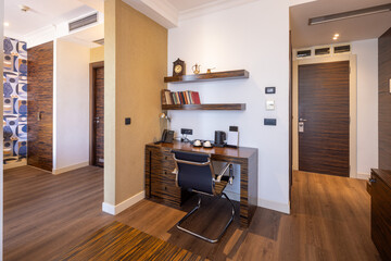 Modern hotel room work desk area