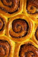 Close up of baked cinnabons with golden crust. Sweet roll buns with cinnamon, yeast pastry. Homemade dessert. Flat lay food. Macro food photography 