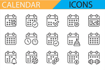 Collection of line-style calendar icons with various date views and layouts.