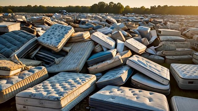 Surreal Pile of Discarded Mattresses Stacked in Desert at Sunset