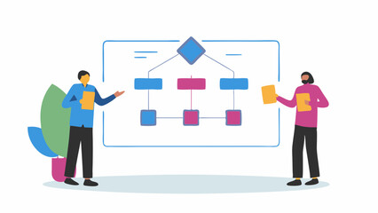 Two people presenting a flowchart with blue and pink squares and a diamond on a white background