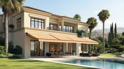 Fototapeta premium Luxury Villa with Pool and Retractable Awnings