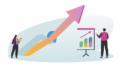 Fototapeta premium Illustration of two people analyzing a rising bar graph and a large upward trending arrow chart