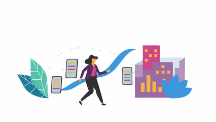 Woman walking along blue path with documents and city buildings in the background illustration