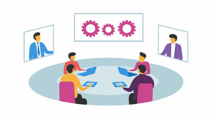 Illustration of a round table meeting with remote participants and gear graphic on the wall above it
