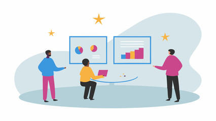 People presenting data charts and graphs in a meeting with stars in the background illustration