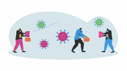 Illustration of people in suits with briefcases avoiding floating virus particles in a light blue space