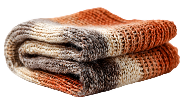 a cozy knit scarf in fall colors (orange, brown, beige), neatly folded, isolated on white background