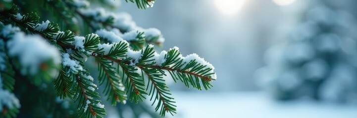 Isolated branches of a coniferous tree in frosty winter scene, evergreen, cold
