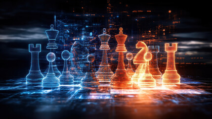 Surreal depiction of glowing chess pieces representing businesses in digital landscape, showcasing strategy and competition in vibrant, futuristic setting