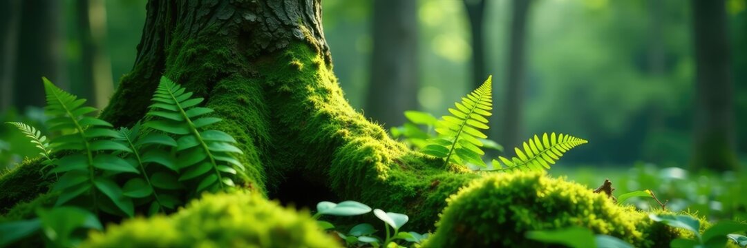 Large ferns and moss growing around the base of a solitary tree trunk, solitude, isolation, greenery