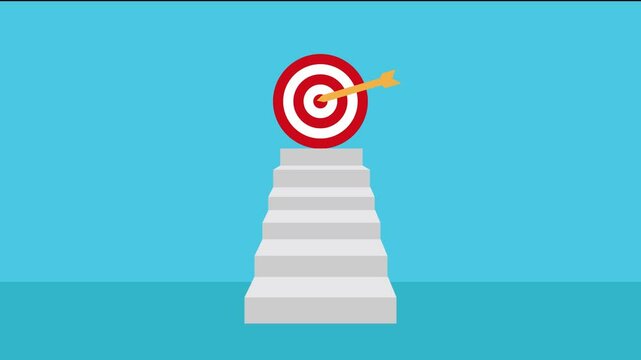 animation stair with red target and arrow.concept of business target,sucessfull business,business goal