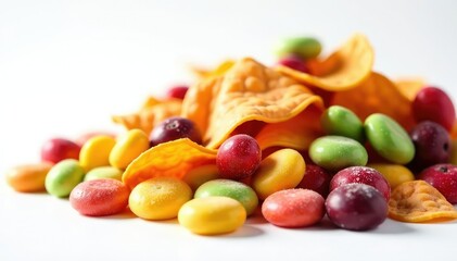 Pile of colorful candy, chips, and soda on white , tasty, carbonated drinks, sweet