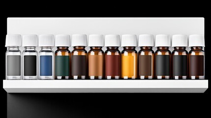Cleanroom storage shelf with various pharmaceutical vials arranged in rows by color: clear, blue, amber, green.