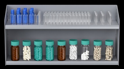 Cleanroom storage shelf with various pharmaceutical vials arranged in rows by color: clear, blue, amber, green.