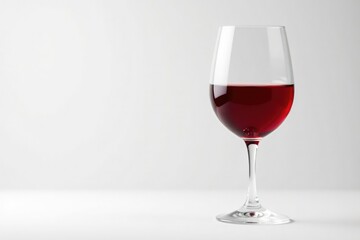 Single elegant red wine glass on stark white backdrop , object, white
