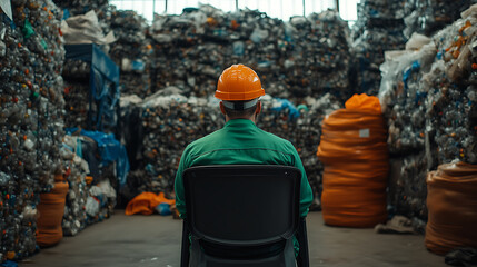Fototapeta premium Worker oversees vast recycled plastic piles at recycling facility. Focus on sustainability and environmental responsibility in waste management practices.