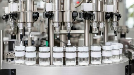 Automated pharmaceutical production line filling glass vials with liquid medicine, showcasing modern sterile manufacturing in a biotech facility.